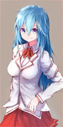 Rule 34 | 1girl, armband, blazer, blue hair, breasts, brown background, closed mouth, cowboy shot, hair between eyes, highres, jacket, long hair, looking at viewer, medium breasts, original, pleated skirt, red skirt, school uniform, silver (chenwen), simple background, skirt, smile, solo