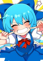 Rule 34 | 1girl, blue bow, blue hair, blue skirt, blue vest, blush, bow, cirno, collared shirt, facing viewer, fairy, grin, hair between eyes, hair bow, highres, ice, ice wings, ishiki nuru, puffy short sleeves, puffy sleeves, shirt, short hair, short sleeves, skirt, smile, solo, star (symbol), touhou, vest, white shirt, wings