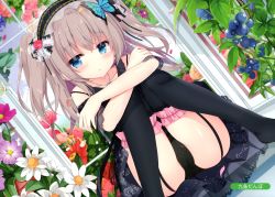 Rule 34 | 1girl, ass, bare shoulders, black dress, black panties, black thighhighs, blue eyes, brown hair, butterfly hair ornament, cameltoe, crossed arms, dress, dutch angle, earrings, flower, food, fruit, garter straps, grapes, hair ornament, headdress, highres, jewelry, knees up, kujou danbo, long hair, looking at viewer, melonbooks, no shoes, panties, parted lips, purple flower, scan, sidelocks, sitting, solo, thighhighs, two side up, underwear, white flower, window