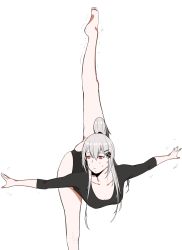 Rule 34 | 1girl, ass, black legwear, blue background, breasts, girls&#039; frontline, grey hair, hair between eyes, hair ornament, hairclip, highres, huqu, iws 2000 (girls&#039; frontline), leg up, leotard, long hair, outstretched arms, ponytail, simple background, solo, split, standing, standing on one leg, standing split, sweat, trembling, very long hair