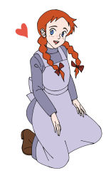 Rule 34 | 1girl, anne of green gables, anne shirley, apron, arms at sides, blue dress, blue eyes, boots, bow, dress, freckles, hair bow, hair ornament, heart, kneeling, looking at viewer, omosiro, open mouth, ponytail, red hair, simple background, smile, teeth, tongue, white background
