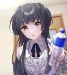 Rule 34 | 1girl, black ribbon, blunt bangs, blurry, blurry background, blush, bottle, breasts, brown eyes, buttons, collared shirt, commentary, depth of field, foreshortening, frilled shirt, frills, hair ribbon, highres, holding, holding bottle, idolmaster, idolmaster shiny colors, indoors, long hair, long sleeves, looking at viewer, mayuzumi fuyuko, neck ribbon, open mouth, outstretched arm, plaid, plaid shirt, ribbon, shirt, small breasts, solo, takeko spla, twitter username, two side up, upper body, water bottle, white shirt, wing collar