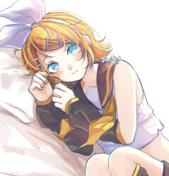 Rule 34 | 1girl, aqua eyes, backlighting, bare shoulders, bed sheet, black leg warmers, black sailor collar, black sleeves, blonde hair, blush, bow, bow hairband, collarbone, detached sleeves, dutch angle, fetal position, hair bow, hair ornament, hairband, hairclip, highres, kagamine rin, leg warmers, legs up, looking at viewer, lying, mai mugi, midriff, neckerchief, no pupils, on bed, on side, pillow, sailor collar, sailor shirt, shirt, signature, sleeveless, sleeveless shirt, solo, swept bangs, vocaloid, white bow, white hairband, yellow nails, yellow neckerchief