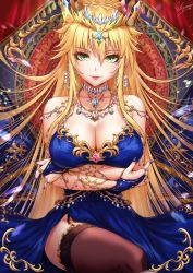 Rule 34 | 1girl, artoria pendragon (fate), artoria pendragon (lancer) (fate), bare shoulders, black thighhighs, blonde hair, blue dress, blue nails, braid, breasts, cleavage, commentary request, crown, dress, earrings, fate/grand order, fate (series), gem, green eyes, hair down, hair ornament, highres, jewelry, long hair, looking at viewer, nail polish, partial commentary, ribbon, sakiyamama, sitting, smile, solo, thighhighs, very long hair