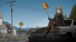 Rule 34 | 1girl, absurdres, aegisfate, blood, blue eyes, car, commentary, far cry, far cry 5, green hair, highres, looking at viewer, motor vehicle, on vehicle, pantyhose, shoes, sky, smile, solo, thighhighs, tree