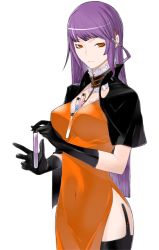 Rule 34 | 1girl, between breasts, black cape, black gloves, breasts, caladrius, cape, choker, cleavage, dress, elbow gloves, female focus, frilled choker, frills, gloves, large breasts, long hair, official art, orange dress, orange eyes, purple hair, simple background, solo, sophia fulancelli, test tube, thighhighs, thighs, yasuda suzuhito