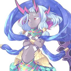 Rule 34 | 1girl, aqua hair, armor, bare shoulders, bracelet, breast curtains, crossed arms, dark-skinned female, dark skin, examinee, eyeliner, fate/grand order, fate (series), flat chest, green scarf, hip armor, horns, ibuki douji (fate), ibuki douji (first ascension) (fate), jewelry, lamia, looking to the side, magatama, makeup, monster girl, navel, oni horns, pointy ears, polka dot, polka dot scarf, red eyes, scarf, sidelocks, simple background, solo, stomach, white background