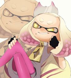 Rule 34 | 1girl, black gloves, commentary, commentary request, crossed legs, crown, dress, fingerless gloves, gloves, gradient hair, inkling, isamu-ki (yuuki), medium hair, mixed-language commentary, mole, mole under mouth, multicolored hair, nintendo, pantyhose, pearl (splatoon), pink hair, pink pantyhose, signature, simple background, sitting, sleeveless, sleeveless dress, smile, splatoon (series), star-shaped pupils, star (symbol), symbol-shaped pupils, teeth, tentacle hair, thick eyebrows, two-tone hair, white background, white dress, white hair, yellow eyes, zoom layer