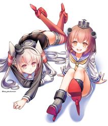 Rule 34 | 10s, 2girls, :d, amatsukaze (kancolle), arm support, black panties, blush, boots, brown eyes, brown hair, closed mouth, dress, grey hair, hat, headgear, kantai collection, long hair, long sleeves, looking at viewer, lying, multiple girls, neckerchief, on stomach, open mouth, panties, plastic moon, red eyes, sailor collar, sailor dress, see-through, sitting, smile, thigh boots, thighhighs, twitter username, two side up, underwear, white background, white dress, yukikaze (kancolle)
