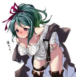 Rule 34 | 10s, 1girl, @ @, bare shoulders, belt, belt buckle, blush, boots, breasts, buckle, cleavage, collarbone, commentary request, covered erect nipples, dress, embarrassed, granblue fantasy, green hair, hair ribbon, herja, hirowa nagi, leaning forward, long hair, medium breasts, off shoulder, ponytail, purple eyes, ribbon, simple background, solo, standing, sweat, sweater, sweater dress, thigh boots, thighhighs, wavy mouth