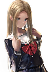 Rule 34 | 1girl, abigail williams (fate), blonde hair, blue eyes, blush, breasts, fate/grand order, fate (series), forehead, highres, long hair, long sleeves, looking at viewer, parted bangs, sailor collar, sakazakinchan, school uniform, sidelocks, simple background, small breasts, solo