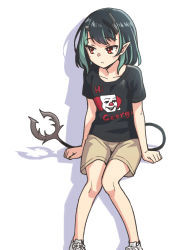 Rule 34 | 1girl, black hair, black shirt, blue hair, brown shorts, closed mouth, clothes writing, commentary request, demon girl, demon horns, demon tail, expressionless, feet out of frame, flat chest, grey horns, heebee, highres, horns, it (stephen king), looking to the side, medium hair, multicolored hair, nanashi inc., pointy ears, red eyes, shirt, shishio chris, shorts, simple background, sitting, solo, sugar lyric, tail, two-tone hair, virtual youtuber, white background