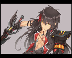 Rule 34 | 1boy, armor, bad id, bad pixiv id, black hair, daizu yan, elsword, gloves, grey background, jewelry, letterboxed, long hair, male focus, mechanical arms, multicolored hair, muscular, necklace, raven cronwell, red hair, serious, single mechanical arm, solo, streaked hair, sword, two-tone hair, veteran commander (elsword), weapon, yellow eyes
