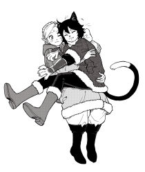 Rule 34 | 2girls, 3:, :3, animal ears, animal hands, arm guards, boots, braid, capelet, cat ears, cat girl, cat tail, closed mouth, coat, crown braid, dungeon meshi, elf, facing viewer, full body, fur-trimmed coat, fur-trimmed sleeves, fur trim, gaman hada, hand on another&#039;s back, hand on another&#039;s shoulder, highres, invisible chair, izutsumi, knee boots, long sleeves, looking at another, looking away, marcille donato, monochrome, multiple girls, nuzzle, one eye closed, outstretched arm, pants, pants tucked in, pointy ears, puffy long sleeves, puffy sleeves, robe, scarf, short hair, sidelocks, simple background, sitting, sitting on lap, sitting on person, sweatdrop, tail