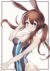 Rule 34 | 1girl, amiya (arknights), animal ears, arknights, b (bbm), bad id, bad pixiv id, bare arms, bare shoulders, blue choker, blue eyes, blush, breasts, brown hair, choker, cleavage, commentary, covered navel, groin, hair between eyes, hand up, leotard, looking at viewer, medium breasts, outside border, ponytail, rabbit ears, sidelocks, simple background, smile, solo, strapless, strapless leotard, upper body, white background