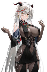 Rule 34 | 1girl, absurdly long hair, absurdres, aegir (azur lane), azur lane, black cape, bodystocking, breast curtains, breasts, cape, covered navel, cross, cross-laced clothes, cross earrings, demon horns, earrings, hai binggan, hands up, highres, horns, jewelry, large breasts, long hair, multicolored hair, red hair, simple background, smile, solo, standing, streaked hair, underbust, very long hair, white background, white hair, yellow eyes