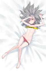 Rule 34 | 1girl, armpits, arms up, bare legs, barefoot, breasts, caution tape, choker, closers, convenient censoring, dutch angle, flat chest, full body, highres, jpeg artifacts, long hair, looking at viewer, lying, navel, on back, panties, panty pull, parted lips, pink eyes, pink panties, silver hair, solo, supernew, tina (closers), topless, underwear, underwear only