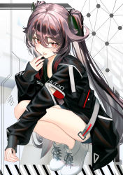 Rule 34 | 1girl, alternate costume, bare legs, black jacket, blush, brown hair, character name, fashion, finger to mouth, flower-shaped pupils, full body, genshin impact, half-closed eyes, hu tao (genshin impact), jacket, legs, looking at viewer, red eyes, shoelaces, shorts, smile, solo, squatting, symbol-shaped pupils, thighs, twintails, white footwear, yamahara, zipper pull tab