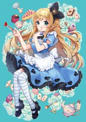 Rule 34 | 1girl, :q, ace (playing card), ace of clubs, ace of hearts, alice (alice in wonderland), alice in wonderland, apron, black footwear, black ribbon, blonde hair, blue background, blue dress, braid, breasts, card, closed mouth, clothing cutout, club (shape), crown, cup, cupcake, dress, drink me, floral background, food, food on face, fork, frilled apron, frills, fruit, full body, green eyes, hair ribbon, hands up, heart, heart cutout, high heels, holding, holding fork, key, long hair, medium breasts, mini crown, playing card, puffy short sleeves, puffy sleeves, ribbon, shoes, short sleeves, smile, solo, spoon, strawberry, striped clothes, striped thighhighs, teapot, thighhighs, tilted headwear, tongue, tongue out, very long hair, weapon, white apron, yamabukiiro