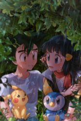 Rule 34 | 1boy, 1girl, ash ketchum, bird, bird on lap, black hair, brown eyes, commentary request, creature, creatures (company), dawn (pokemon), day, ek gogogo, eye contact, game freak, gen 1 pokemon, gen 4 pokemon, highres, korean commentary, long hair, looking at another, nintendo, on lap, outdoors, pikachu, pokemon, pokemon (anime), pokemon (creature), pokemon dppt (anime), pokemon on lap, poketch, rain, red scarf, scarf, shirt, short sleeves, spiked hair, watch, white shirt, wristwatch