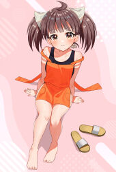 Rule 34 | 1girl, ahoge, apron, arm support, bare legs, barefoot, black one-piece swimsuit, blunt bangs, blush, breasts, brown eyes, brown hair, closed mouth, collarbone, commentary request, commission, eyelashes, feet, from above, full body, grey ribbon, hair ribbon, head tilt, highres, knees together feet apart, leaning back, legs, looking at viewer, mohemohemincho, nail polish, one-piece swimsuit, orange apron, pink background, ribbon, sandals, unworn sandals, shadow, sitting, skeb commission, small breasts, smile, solo, sound voltex, strap slip, swimsuit, thighs, toenail polish, toenails, toes, twintails, yamashina kanade