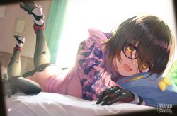 Rule 34 | 1girl, :d, backlighting, brown hair, butt crack, camouflage, character name, controller, curtains, cushion, cyborg, duplicate, eyes visible through hair, fukai ryosuke, game controller, gamepad, glasses, gloves, high heels, hololive, hood, hoodie, indoors, looking at viewer, lying, mechanical arms, mechanical parts, no pants, on stomach, open mouth, picture frame, roboco-san, roboco-san (hoodie), smile, solo, virtual youtuber, yellow eyes