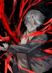 Rule 34 | 1boy, closed mouth, earrings, formal, grey hair, grey jacket, highres, holding, holding weapon, jacket, jewelry, limbus company, m i r r o r, male focus, project moon, red hair, scar, scar on face, scar on hand, shirt, short hair, solo, vergilius (project moon), weapon, white shirt