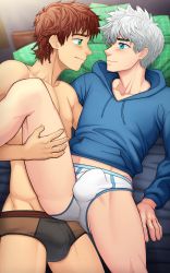 Rule 34 | 2boys, bed, bedroom, black male underwear, blue eyes, briefs, brown hair, bulge, crotch, green eyes, hiccup horrendous haddock iii, highres, hood, hoodie, how to train your dragon, jack frost (rise of the guardians), leg lift, lying, male focus, male underwear, multiple boys, nipples, pillow, rise of the guardians, silver hair, suiton, underwear, undressing, white male underwear, yaoi