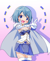 Rule 34 | 1girl, :d, belt, blue eyes, blue hair, blue skirt, blush, breasts, cape, cowboy shot, gloves, highres, looking at viewer, magical girl, mahou shoujo madoka magica, mahou shoujo madoka magica (anime), miki sayaka, navel, open mouth, pleated skirt, pointing, short hair, skirt, small breasts, smile, solo, soul gem, thighhighs, v, white cape, white gloves, white thighhighs, yoppi98ro, zettai ryouiki