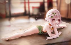 Rule 34 | 1girl, absurdres, antenna hair, arm support, ass, bad id, bad pixiv id, bare legs, bare shoulders, barefoot, blurry, blurry background, commentary, elf, flexible, flower, full body, hair between eyes, hair flower, hair ornament, highres, kokkoro (princess connect!), leotard, leviathan (hikinito0902), light particles, lying, on stomach, open mouth, pink eyes, pointy ears, princess connect!, short hair, silver hair, solo, split, spread legs, straddle split, thighs, white flower