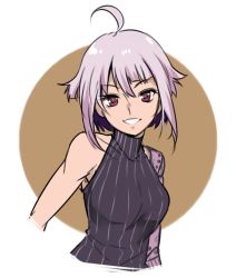 Rule 34 | 1girl, ahoge, artist request, bad id, bad twitter id, dana zane, looking at viewer, pinstripe pattern, pinstripe shirt, prosthesis, prosthetic arm, red eyes, shirt, sleeveless, sleeveless shirt, smile, solo, striped, va-11 hall-a, white hair