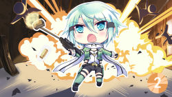 Rule 34 | 10s, 1girl, anti-materiel rifle, bad id, bad pixiv id, blue eyes, blue hair, bolt action, casing ejection, chibi, explosion, feijitian, fingerless gloves, gloves, gun, muzzle device, open mouth, pgm hecate ii, rifle, scarf, shell casing, short hair, shorts, sinon, smoke, smoking gun, sniper rifle, sword art online, weapon