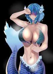 Rule 34 | 1girl, absurdres, arm up, bikini, bikini pull, black background, blue hair, breasts, cleavage, clothes pull, commentary request, drill hair, drill sidelocks, enmimontoria, fins, green bikini, head fins, highres, large breasts, mermaid, monster girl, navel, pulled by self, short hair, sidelocks, simple background, solo, swimsuit, touhou, wakasagihime
