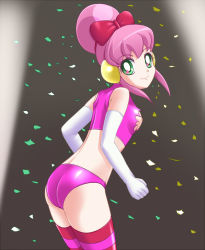Rule 34 | 00s, 1girl, ass, back, bare shoulders, battle spirits, battle spirits: shounen toppa bashin, black background, bottomless, bow, breast slip, breasts, clenched hand, confetti, cowboy shot, crop top, earmuffs, elbow gloves, from side, gloves, green eyes, hair bow, hair bun, heart, heart-shaped pupils, kinpira, leaning forward, light smile, looking at viewer, looking back, my sunshine, nipples, no bra, no pants, one breast out, panties, pink hair, pink panties, pink thighhighs, red thighhighs, scrunchie, shirt, short hair, sideboob, sidelocks, simple background, single hair bun, sleeveless, sleeveless shirt, sleeveless turtleneck, small breasts, smile, solo, spotlight, standing, striped clothes, striped thighhighs, symbol-shaped pupils, thighhighs, torn clothes, torn shirt, turtleneck, underwear, underwear only, white gloves