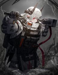 Rule 34 | arknights, armor, bannouyakunta, black gloves, commentary request, cowboy shot, earrings, exoskeleton, eyebrows, flashbang, from side, full armor, gloves, grey background, hammer, highres, holding, holding hammer, holding weapon, horns, jewelry, jumpsuit, long hair, looking at viewer, melee, mudrock (arknights), on shoulder, parted lips, pointy ears, red eyes, shoulder armor, sidelocks, solo, tactical clothes, vest pouch, war hammer, weapon, white hair, white jumpsuit