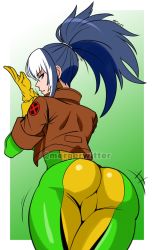 Rule 34 | 1girl, artist name, ass, ass shake, blue eyes, blue hair, bodysuit, cosplay, crossover, earrings, from behind, gloves, highres, huge ass, jacket, jewelry, leona heidern, long hair, looking back, marvel, mergeritter, motion lines, parted lips, ponytail, rogue (x-men), rogue (x-men) (cosplay), simple background, skin tight, snk, solo, the king of fighters, the king of fighters xv, thick thighs, thighs, yellow gloves