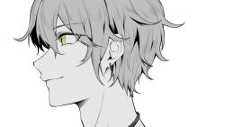 Rule 34 | 1boy, amami rantaro, closed mouth, commentary request, danganronpa (series), danganronpa v3: killing harmony, earrings, ewa (seraphhuiyu), from side, green eyes, highres, jewelry, looking to the side, male focus, messy hair, portrait, profile, short hair, smile, solo, spot color