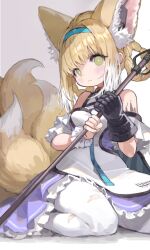 Rule 34 | 1girl, absurdres, animal ear fluff, animal ears, arknights, bare shoulders, black gloves, blonde hair, blue hairband, blush, braid, closed mouth, commentary, dress, fox ears, fox girl, fox tail, frilled dress, frills, full body, gloves, green eyes, hairband, highres, holding, holding staff, kitsune, kkaebing, kyuubi, material growth, multicolored hair, multiple tails, oripathy lesion (arknights), purple dress, short hair, sidelocks, single glove, sitting, solo, staff, suzuran (arknights), tail, thighhighs, two-tone hair, white hair, white thighhighs, wrist cuffs, yokozuwari