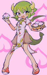 Rule 34 | 1girl, armband, bone (stare), bowl, china dress, chinese clothes, draco centauros, dragon girl, dragon tail, dress, fang, food, fruit, holding, holding bowl, holding food, holding fruit, horns, open mouth, peach, pink background, pointy ears, puyopuyo, short hair, short sleeves, shorts, solo, tail, yellow eyes