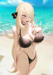Rule 34 | 1girl, beach, blonde hair, blue sky, blush, bodypaint, breasts, cleft of venus, cloud, completely nude, creatures (company), cynthia (pokemon), game freak, grey eyes, hair ornament, hair over one eye, highres, large breasts, long hair, naked paint, navel, nervous smile, nintendo, nipples, nude, ocean, open mouth, outdoors, painted clothes, pokemon, pokemon dppt, pussy, pussy juice, raenoreto, sand, sky, smile, solo, standing, sweat, translation request, uncensored, very long hair, water