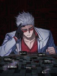 Rule 34 | 1boy, ?, absurdres, akagi: yami ni oritatta tensai, black gloves, buttons, circuit board, clenched hand, clenched teeth, collared shirt, commentary request, dated commentary, fingernails, fukumoto mahjong, glasses, glitch, gloves, hair slicked back, hand on own head, highres, hirayama yukio, jacket, long sleeves, looking down, male focus, nervous, percentage, red-tinted eyewear, red eyes, red shirt, shirt, short hair, single glove, solo, ssom omo, striped clothes, striped jacket, sweat, teeth, tinted eyewear, upper body, v-shaped eyebrows, vertical-striped clothes, vertical-striped jacket, white hair, white jacket