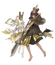 Rule 34 | 1boy, 1girl, barefoot, dark skin, full body, fyra, gold trim, green eyes, holding, holding spear, holding weapon, ji no, looking at viewer, mask, mask on head, masked king, nier, nier (series), official art, pale skin, polearm, purple hair, sinoalice, spear, transparent background, weapon