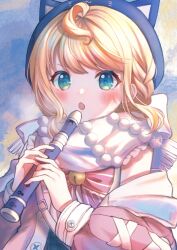 Rule 34 | 1girl, ahoge, animal hat, bell, blonde hair, blue eyes, blush, bow, braid, cat hat, coat, flute, hat, highres, holding, holding flute, holding instrument, holding flute, instrument, jingle bell, medium hair, miaochan zzz, millie parfait, millie parfait (3rd costume), mixed-language commentary, nijisanji, nijisanji en, off shoulder, open mouth, pink coat, recorder, red bow, scarf, solo, watercolor background