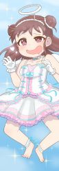 Rule 34 | 10s, 1girl, absurdres, angel wings, anklet, bad id, bad pixiv id, bare shoulders, barefoot, bow, brown hair, choker, dress, drooling, fake halo, frills, gloves, halo, hanaro (ka6p), heart, heart-shaped pupils, highres, idolmaster, idolmaster cinderella girls, jewelry, munakata atsumi, open mouth, purple eyes, skirt, smile, solo, sparkle, symbol-shaped pupils, wings
