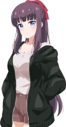 Rule 34 | 1girl, black jacket, blue eyes, blunt bangs, bow, breasts, cleavage, collarbone, commentary, dars (recolors), hair bow, hands in pockets, highres, jacket, long hair, new game!, off shoulder, open clothes, open jacket, parted lips, ponytail, purple hair, purple shorts, red bow, shirt, shorts, sidelocks, solo, takimoto hifumi, very long hair, white shirt