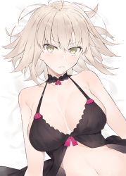 Rule 34 | 1girl, ahoge, armpit crease, arms at sides, babydoll, bare arms, bare shoulders, bed sheet, black babydoll, blonde hair, blush, breasts, breasts apart, closed mouth, collarbone, commentary request, fate/grand order, fate (series), frown, hair spread out, hayashi kewi, head tilt, jeanne d&#039;arc (fate), jeanne d&#039;arc alter (avenger) (fate), jeanne d&#039;arc alter (fate), large breasts, lingerie, looking at viewer, lying, navel, on back, short hair, solo, underwear, upper body, v-shaped eyebrows, yellow eyes