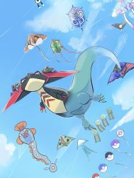 Rule 34 | closed mouth, cloud, commentary request, creatures (company), day, dragapult, dreepy, flying, from below, game freak, gen 3 pokemon, gen 5 pokemon, gen 8 pokemon, highres, huntail, kite, looking up, nintendo, no humans, outdoors, patrat, pokemon, pokemon (creature), sky, solo, string, zucky (yuni)