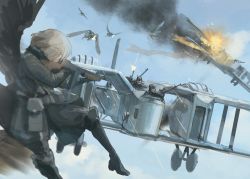 Rule 34 | 1girl, aiming, aircraft, airplane, asterisk kome, banner, biplane, black footwear, black jacket, black pants, blue sky, boots, brown hair, cloud, cloudy sky, day, explosion, flying, gun, highres, holding, holding gun, holding weapon, jacket, knee boots, machine gun, military, military uniform, multiple others, observer&#039;s gun, pants, pouch, short hair, sky, solo focus, uniform, vehicle focus, weapon, winged fusiliers, wings