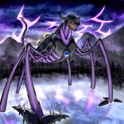 Rule 34 | armagemon, claws, digimon, green eyes, highres, horn, lightning, mountain, multiple legs, tail