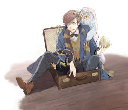 Rule 34 | 1boy, blue eyes, boots, bow, bowtie, bowtruckle, brown hair, coat, coin, demiguise, egg, fantastic beasts and where to find them, freckles, harry potter (series), highres, leaf, male focus, newt scamander, niffler, orange eyes, scarf, solo, takeakigaku, wand, wizarding world